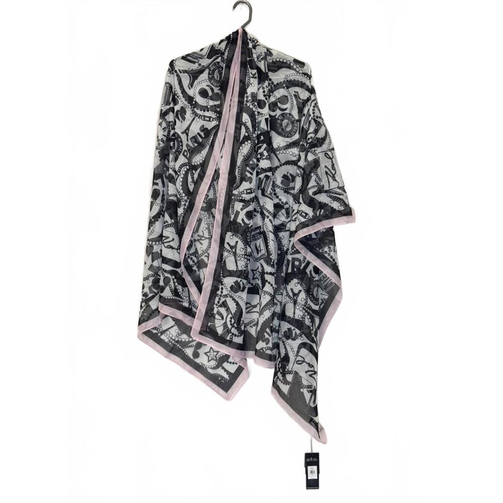 Karl Lagerfeld Paris Black and White Graphic Scarf with Pink Trim NWT
